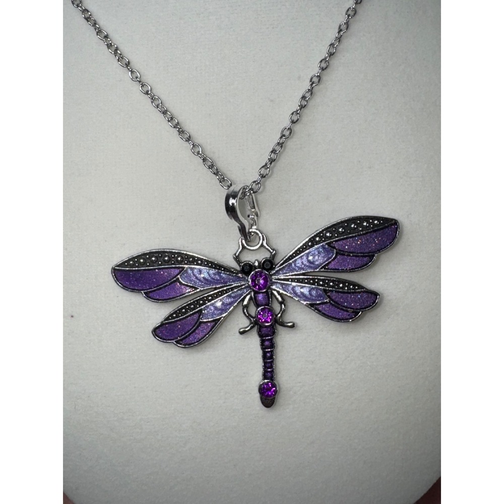 Purple Enamel Dragonfly Pendant Necklace Silver Tone Rhinestone Jewelry New